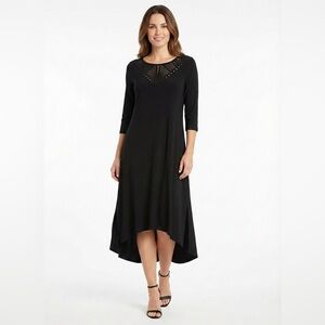 SYMPLI Black Midi Dress Hi-Lo Hem 3/4 Sleeves Laser Cut Bodice Detail US SZ 6